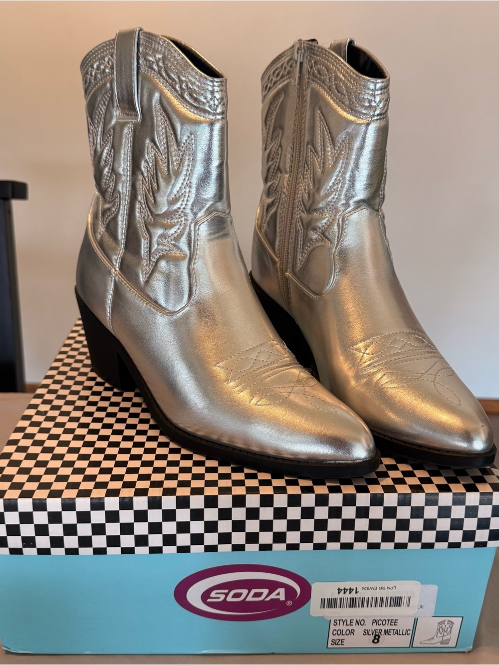 Soda Silver Metallic Western Ankle Boots
